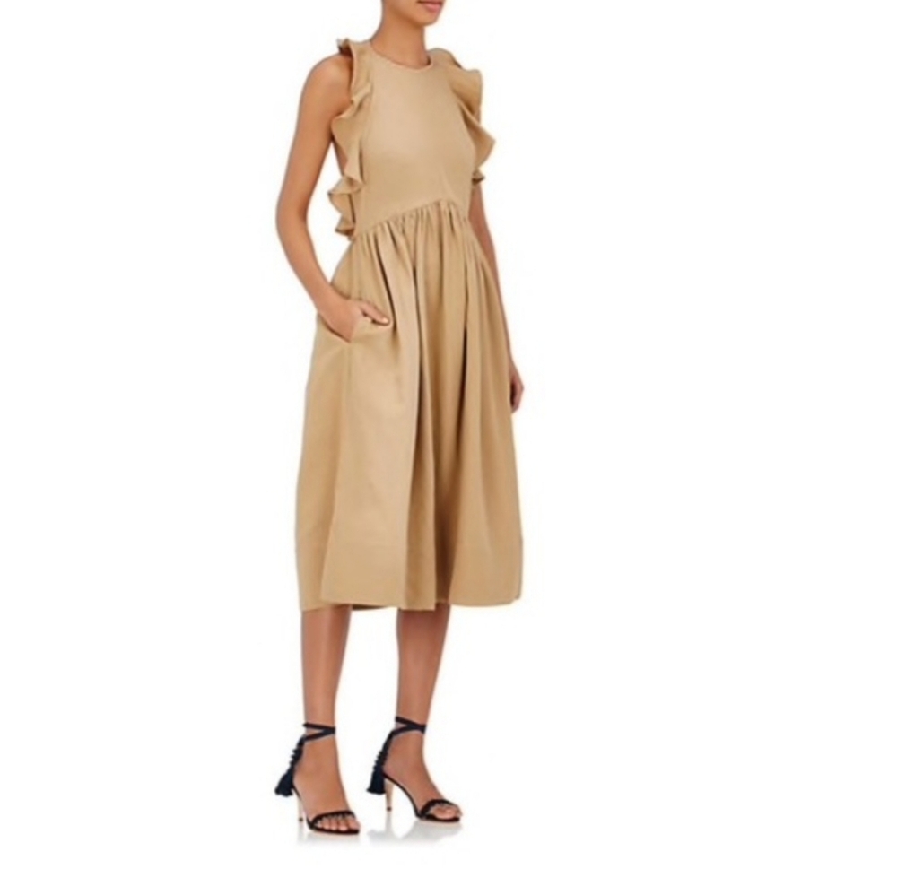 Ulla Johnson Linen Blend Cecily Ruffled Midi Dress In Khaki Size 0 - Picture 3 of 11